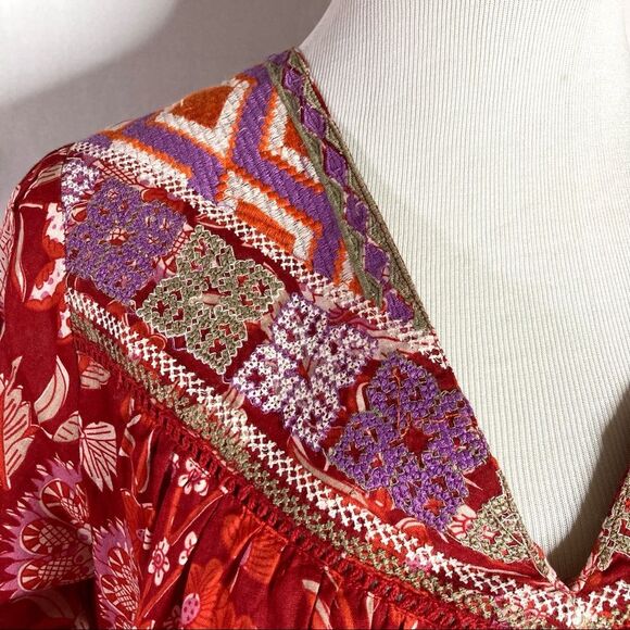 Rachel Zoe Red Bohemian Peasant Top Small Embroidered NWT Floral Oversized Boho - Picture 4 of 11